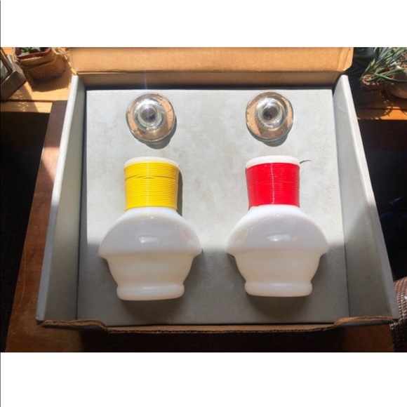 50s Mckee Coffee Hottle Glasbake, Milk Glass with Red/Yellow Cording, NIB Set
